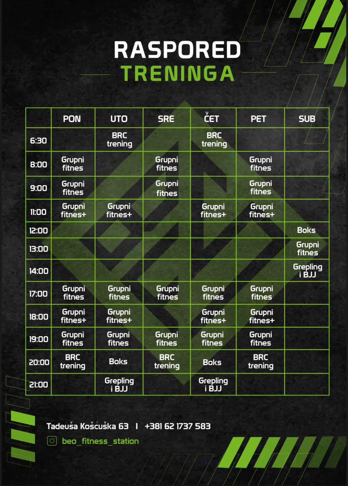 Raspored treninga Beo Fitness Station